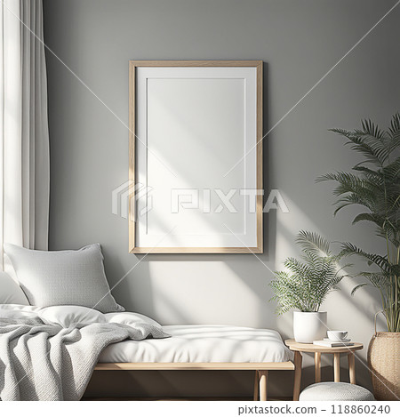 Close up blank frame mockup on shelf in the bed room. frame mockup design for advertisement, frame presentation 118860240