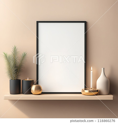 Close up blank frame mockup on shelf in the living room. frame mockup design for advertisement, frame presentation.AI-generated item 118860276
