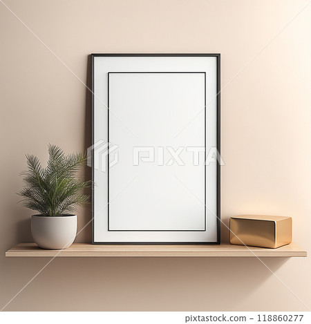 Close up blank frame mockup on shelf in the living room. frame mockup design for advertisement, frame presentation.AI-generated item 118860277