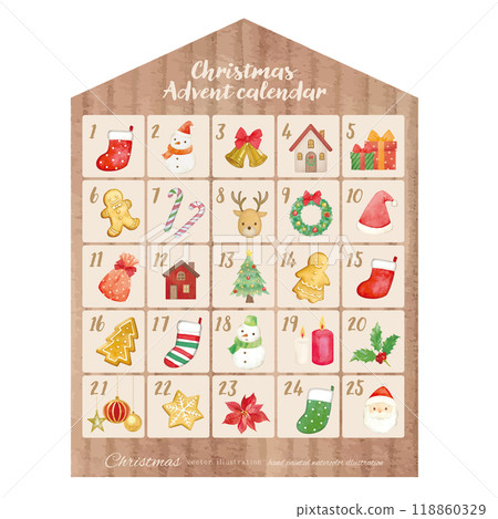 Watercolor hand-drawn cute Christmas advent calendar material 118860329