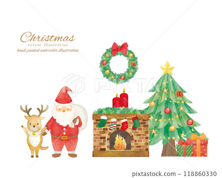 A room with a watercolor Santa Claus and a fireplace decorated for Christmas 118860330