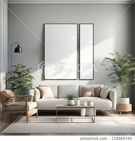 Close up blank frame mockup on wall in the living room. frame mockup design for advertisement, frame presentation 118860348