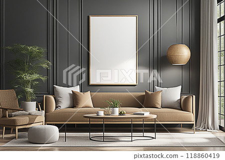Close up blank frame mockup on wall in the living room. frame mockup design for advertisement, frame presentation Close up blank frame mockup on wall in the living room. frame mockup design for advertisement, frame presentation 118860419