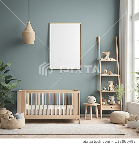 Close up blank frame mockup on shelf in the children room. frame mockup design for advertisement, frame presentation 118860492