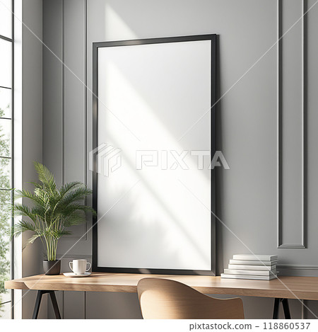 Close up blank frame mockup on wall in the home office room. frame mockup design for advertisement, frame presentation 118860537