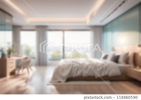 Blur image of bed room with furniture at home with sunlight for background usage. 118860590
