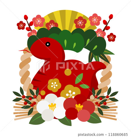Snake year New Year's card icon, pine, bamboo and plum on top, camellia on bottom, decoration, red snake, illustration, cute Snake year New Year's card icon, pine, bamboo and plum on top, camellia on bottom, decoration, red snake, illustration, cute 118860685