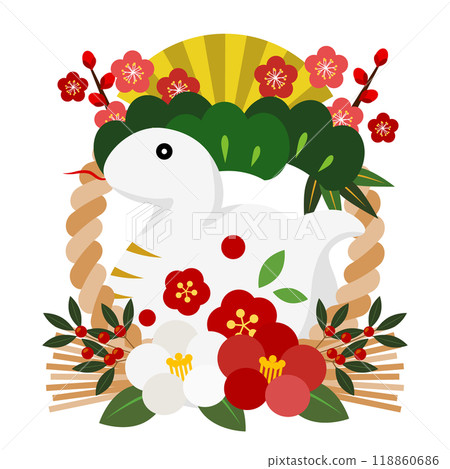 Snake year New Year's card icon, pine, bamboo and plum on top, camellia on bottom, decoration, white snake, illustration, cute 118860686