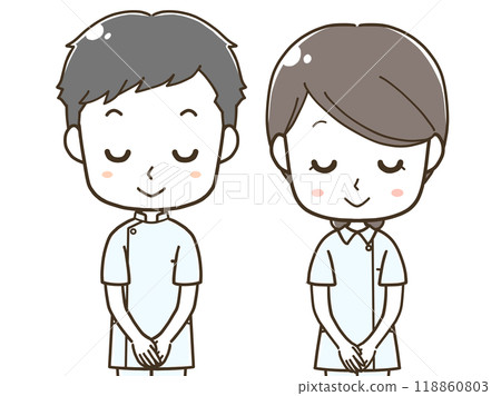 Upper body illustration of male and female nurses bowing Upper body illustration of male and female nurses bowing 118860803