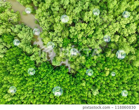 Carbon neutrality concept. Green tree capture of carbon emissions from factories and transportation. Natural carbon sinks, CO2 reduction, pollution balance, and environmental sustainability. 118860830