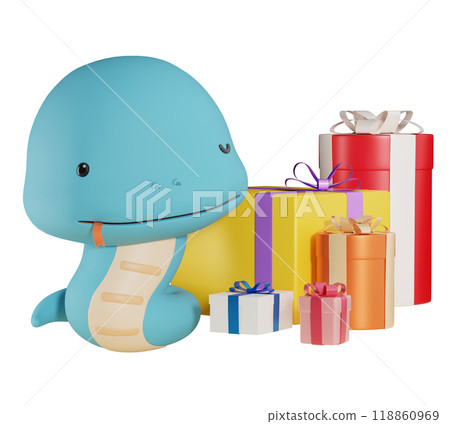 Blue snake character with gift bundle 3D graphic Blue snake character with gift bundle 3D graphic 118860969