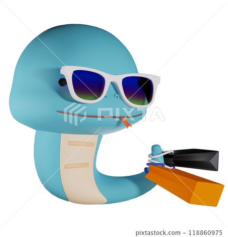 blue snake character wearing sunglasses and carrying shopping bags 3D graphic 118860975