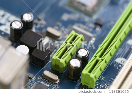 PCI Express and Condenser or Capacitor mainboard of computer background. PCI Express and Condenser or Capacitor mainboard of computer background. 118861055