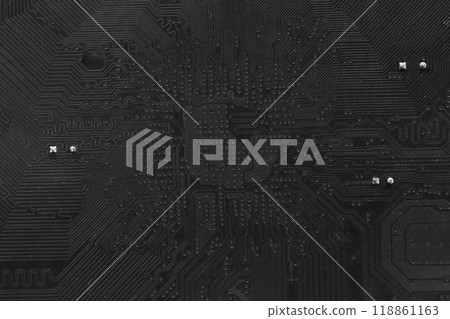 Old black computer motherboard with dust and rust stains background, Technology background. 118861163