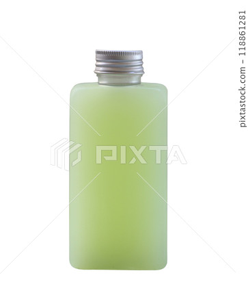 clear plastic bottle containing light green guava juice inside isolated on white background. clear plastic bottle containing light green guava juice inside isolated on white background. 118861281