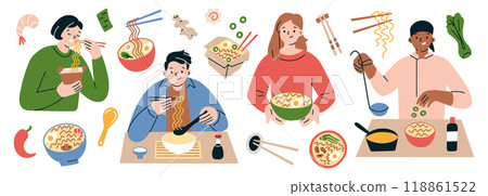 People eating and cooking ramen, vector illustrations of Asian noodles, collection of characters with bowls and chopsticks, noodle soup ingredients like fish cake, ginger, Korean or Japanese cuisine 118861522