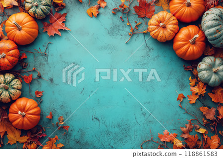Pumpkins and vibrant autumn leaves arranged on a textured turquoise background, evoking a festive fall and Thanksgiving vibe. 118861583