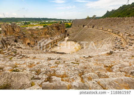 Ruins of ancient Lycian city Perge. Amphitheater still standing 118861597