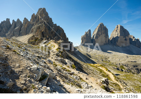 Paternkofel mountain and rocky battlements of Three Peaks in Sexten Dolomites Paternkofel mountain and rocky battlements of Three Peaks in Sexten Dolomites 118861598