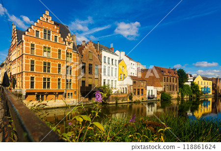 Street view of downtown Ghent, capital city of east Flanders province, Belgium along Leie river 118861624