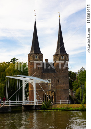 Oostpoort medieval Eastern Gate building, Delft, Netherlands 118861655