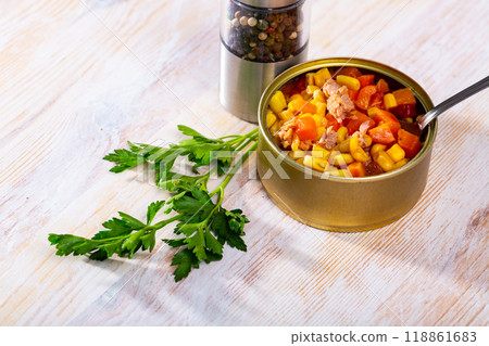 Milanese tuna salad with corn and boiled carrot in tin can Milanese tuna salad with corn and boiled carrot in tin can 118861683