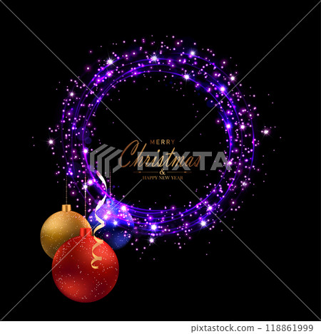 Merry Christmas. Isolated round shiny wreath in purple gradient with New Year toys 118861999