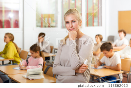 Portrait of young teacher against the background of school class 118862013