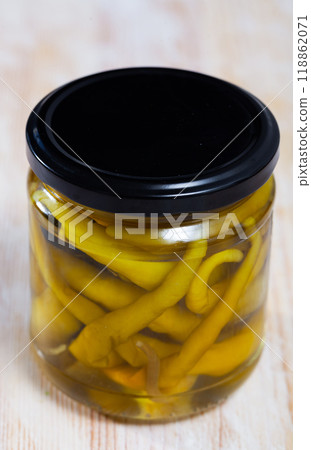 Canned green chili peppers in jar Canned green chili peppers in jar 118862071