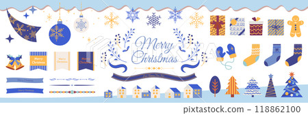 聖誕節可愛的裝飾插圖集。斯堪的納維亞風格的植物框架,雪花,絲帶,冬季城市景觀,閃閃發光的槳 聖誕節可愛的裝飾插圖集。斯堪的納維亞風格的植物框架,雪花,絲帶,冬季城市景觀,閃閃發光的槳 118862100