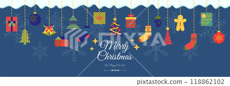 Christmas ornaments and snowflake illustration banner 118862102