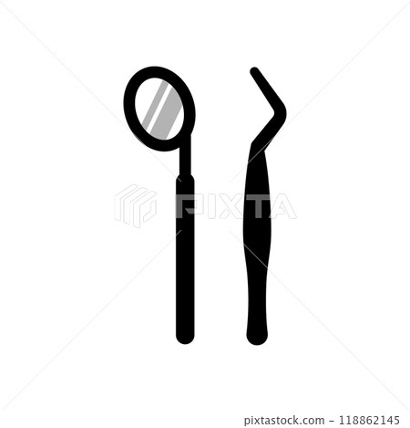 Tweezers and oral mirror Dental care icon Line illustration 118862145