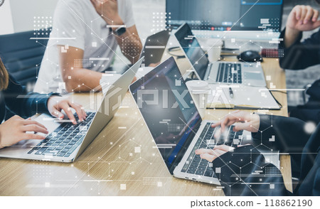 Men and women having a meeting in the office, business scene, IT company, digital network image 118862190