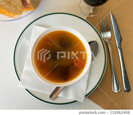 Lentil soup with meat, chorizo, blood sausage 118862408