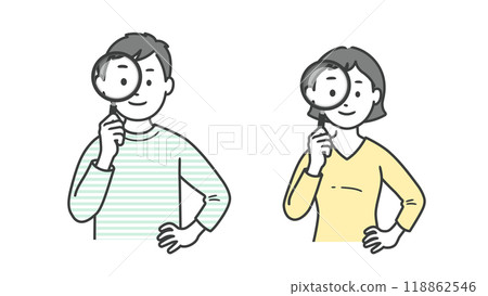 Upper body illustration of an adult man and woman holding a magnifying glass 118862546