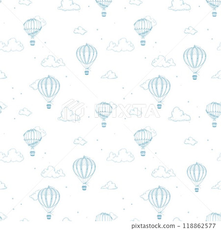 Beautiful seamless pattern with hand drawn air balloons and clouds. Stock illustration. Ready print design. Beautiful seamless pattern with hand drawn air balloons and clouds. Stock illustration. Ready print design. 118862577