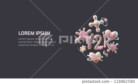 A horizontal vector poster with unusual 3D shapes with iridescent iridescence on a black background 118862580