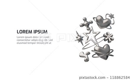 Horizontal poster with shiny silver 3d hearts, stars and a flower on a white background 118862584