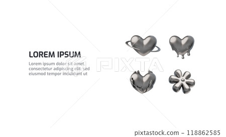 A poster with shiny silver 3d shapes and in the form of hearts and a flower. A poster with shiny silver 3d shapes and in the form of hearts and a flower. 118862585
