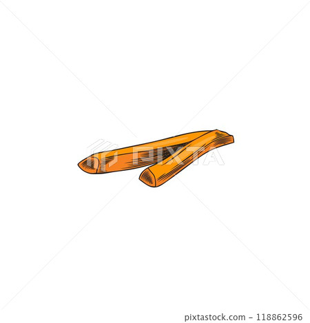 French fries. Two ruddy, thin, long sticks. 118862596