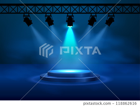 Light effect of spotlight with round podium on stage on dark blue background. 118862616