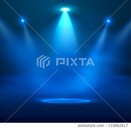 A vector illustration of smoke spotlights illuminating the center of the stage. A vector illustration of smoke spotlights illuminating the center of the stage. 118862617