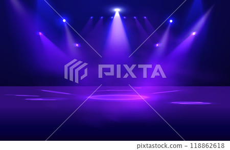 Scene illumination, bright lighting stage vector illustration, spotlights effect, light beams, show light decorations 118862618