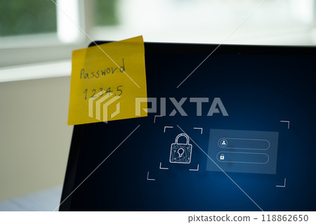 password protection note paper on computer Password security and data security protection password privacy 118862650