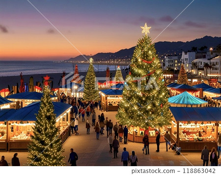 俯瞰大海的小鎮的聖誕市場 118863042