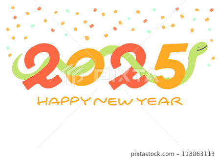 2025 New Year's card with a snake passing through the numbers of the Gregorian calendar, confetti, hand-drawn 2025 New Year's card with a snake passing through the numbers of the Gregorian calendar, confetti, hand-drawn 118863113
