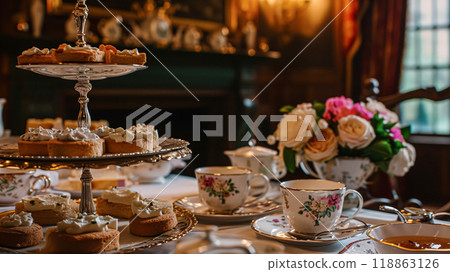 Elegant table setting for tea party with cakes and cupcakes in English manor. Selective focus. Vintage style Elegant table setting for tea party with cakes and cupcakes in English manor. Selective focus. Vintage style 118863126