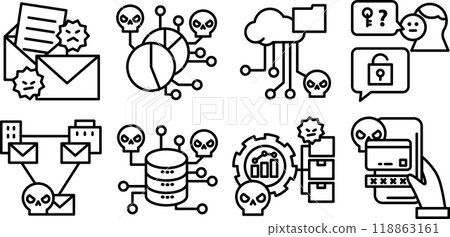 代表系統模型內潛在威脅的一組圖示。 代表系統模型內潛在威脅的一組圖示。 118863161