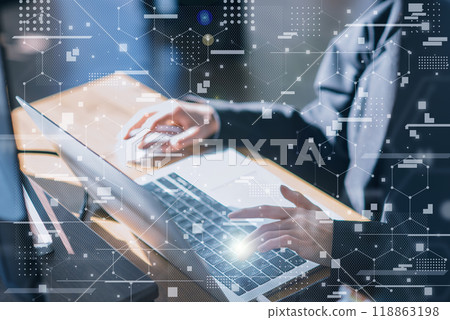 Office work, business scene, woman typing on laptop, digital network image Office work, business scene, woman typing on laptop, digital network image 118863198
