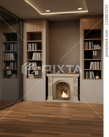 A luxurious contemporary living room features a classic white fireplace and built-in bookshelves. 118863255